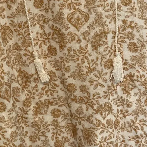 Faherty Boho Floral Dress Women's Medium Tan Tasseled Organic Cotton Cottagecore - Picture 7 of 11